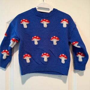 Mini Boden Blue Sweater with Red and White Mushroom Design - size 3-4t